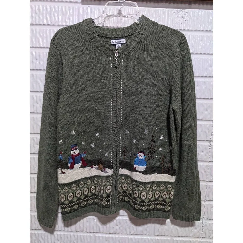 Croft & Barrow Women's Green Snowman Long-Sleeve Front-Zip Cardigan Sweater Size